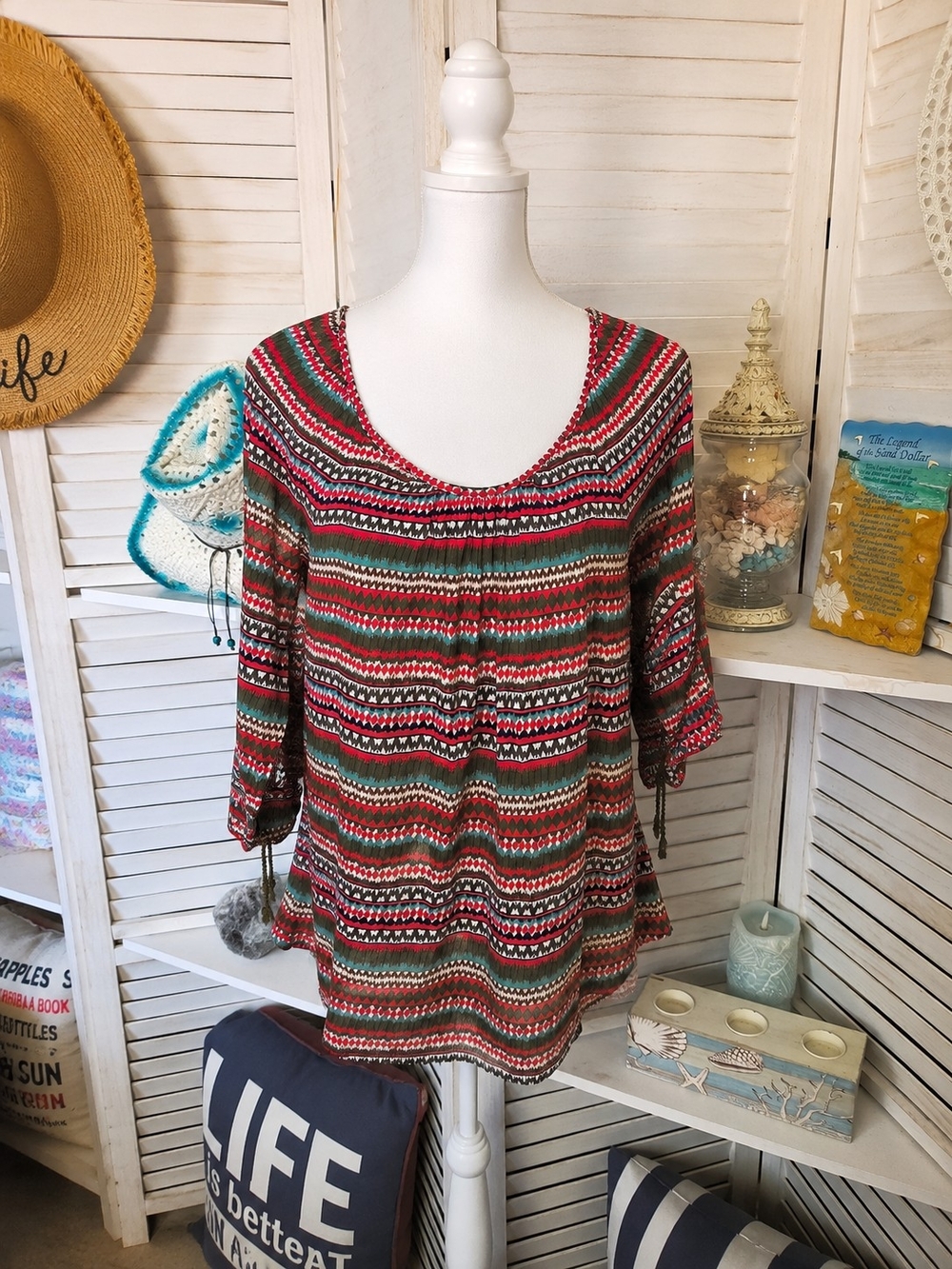 Lucky Brand‎ Multicolor Striped Scoop Neck Tunic — Red, Green, Pink SZ L